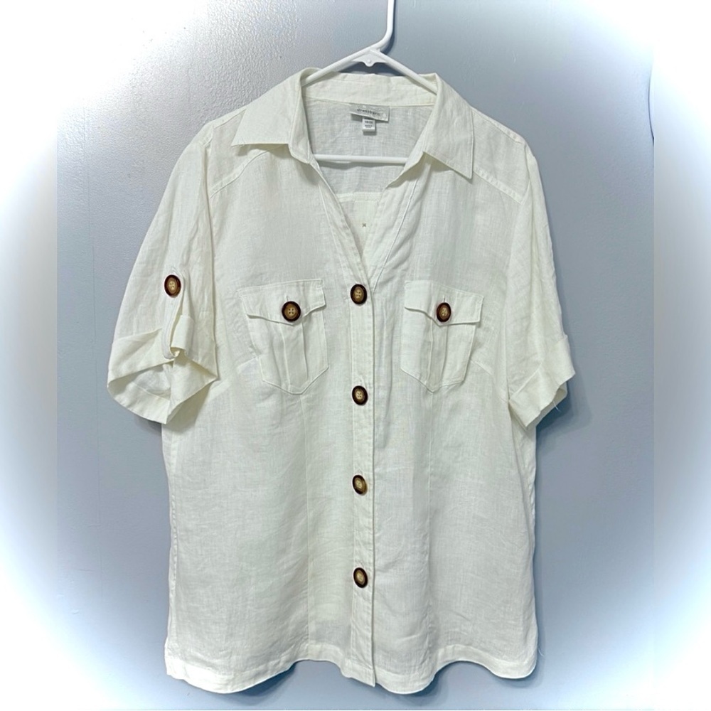 #12) Dress Barn 100% Linen Cream/Off white Button Down Shirt